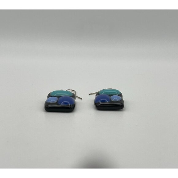 Fused Glass Dangle Earrings Blues Black Rectangles 2" Pierced - Picture 6 of 9